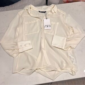 NWT Sheer Cream Zara Button Down Long Sleeve Shirt